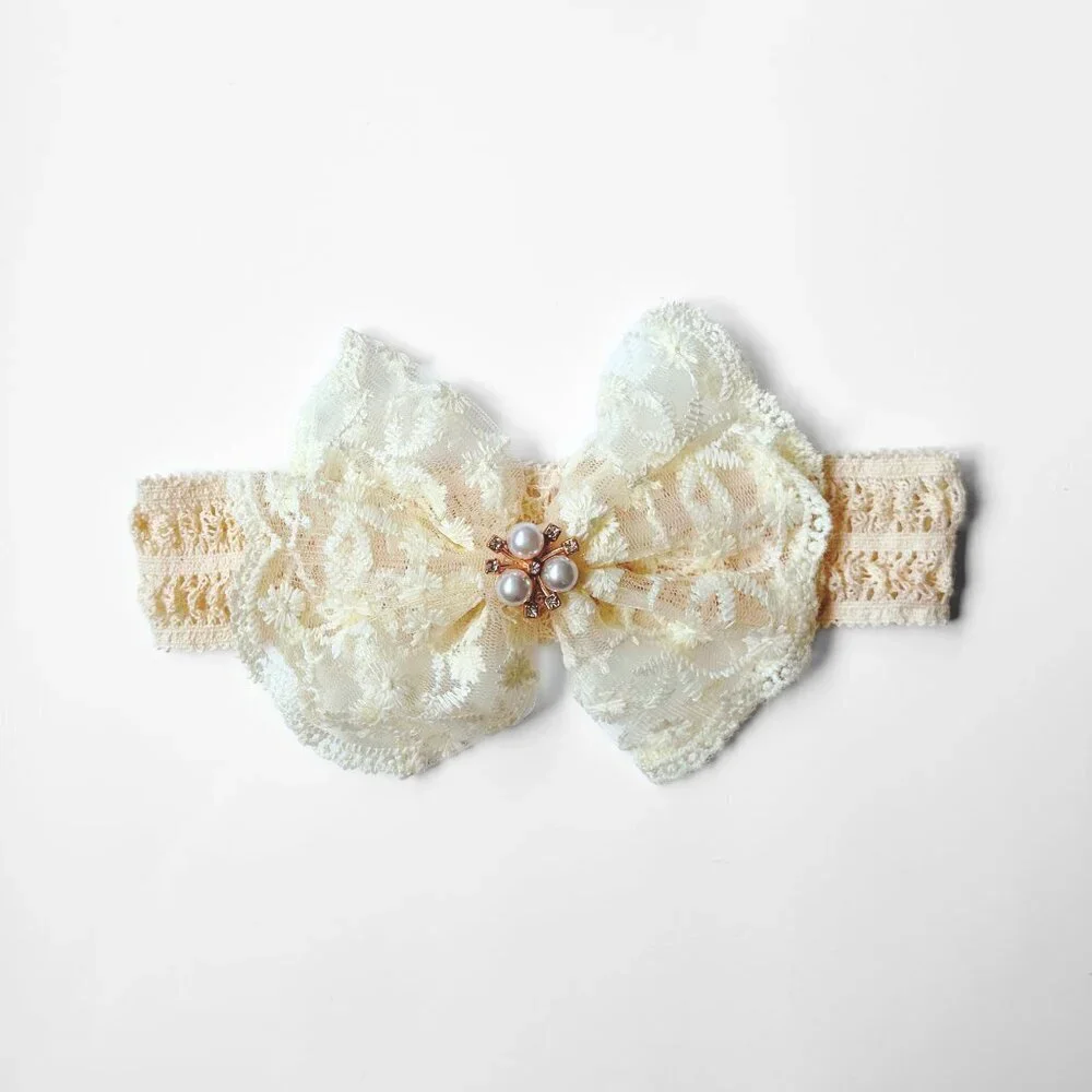 NWT Pretty Boutique Girls Beaded Lace Bow Headband Cute Hair Accessories Cream